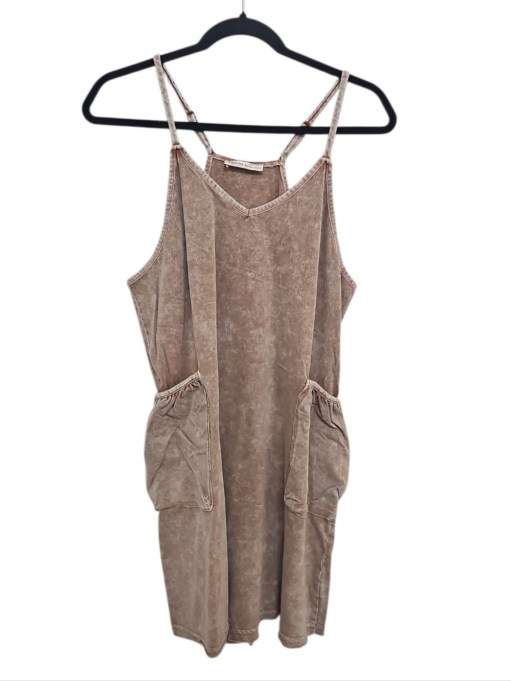 Zenana Brown Washed Tank Romper Dress Size M Cotton Pockets New